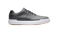 The FootJoy Mens Contour Casual Golf Shoes in charcoal are gray low-top spikeless shoes with a white sole, black laces, side perforations, and a heel logo, shown on a plain light gray background.