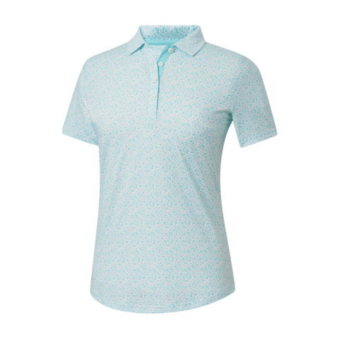 FootJoy Womens Floral Print Short Sleeve Shirt in light blue with a subtle floral pattern, button placket, and classic collar. This moisture-wicking golf top keeps you cool and stylish on the course. Displayed on a white background.