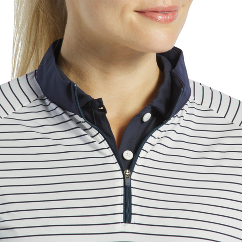 A close-up shows a woman wearing a FootJoy Womens 1/4 Zip Long Sleeve Sun Protection Shirt over a dark collared shirt, with only her lower face, neck, and upper chest visible.