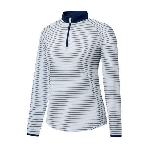 The FootJoy Womens 1/4 Zip Long Sleeve Sun Protection Shirt is white with thin navy stripes, a navy stand-up collar, and partial front zipper. It offers a relaxed fit with no visible logos or extra designs.
