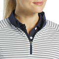 A close-up shows a woman wearing a FootJoy Womens 1/4 Zip Long Sleeve Sun Protection Shirt over a dark collared shirt, with only her lower face, neck, and upper chest visible.