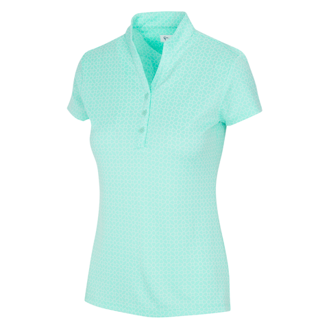 Front view of women's Greg Norman Trellis Jacquard Polo in light mint julep, subtle trellis pattern, button-up collar, short sleeves, performance fabric.