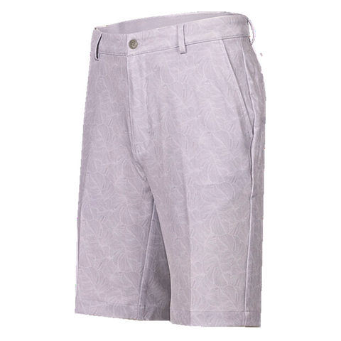 Greg Norman Tonal Palm Leaves shorts in a light grey color, featuring a subtle palm leaf pattern, shown in a side view.