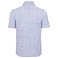 Back view of men's Greg Norman golf polo, white with navy graffiti stripe pattern, breathable mesh fabric, short sleeves.