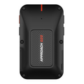 A black handheld Garmin Approach G20 Solar GPS device, featuring a textured center, four front screw heads, and preloaded golf courses to enhance your game.