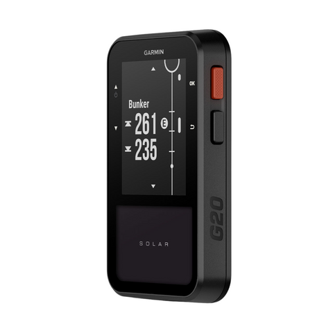 The Garmin Approach G20 Solar GPS by Garmin features a rectangular screen, preloaded golf courses, yardage and bunker distance display, a side button, and a sleek black design.