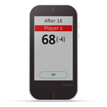The Garmin Approach G80 Handheld GPS + Launch Monitor by Garmin displays a golf scorecard with “After 18, Player 1, 68 (-4)” and an OK button, showcasing its advanced golf GPS and launch monitor capabilities.