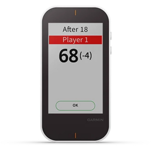 The Garmin Approach G80 Handheld GPS + Launch Monitor by Garmin displays a golf scorecard with “After 18, Player 1, 68 (-4)” and an OK button, showcasing its advanced golf GPS and launch monitor capabilities.