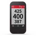 The Garmin Approach G80 Handheld GPS + Launch Monitor by Garmin shows hole 9, par 4, with yardages of 425, 400, and 387 yards. Its display features a black border, buttons below the screen, and integrated launch monitor functions.