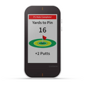 The Garmin Approach G80 Handheld GPS + Launch Monitor by Garmin shows “Yards to Pin: 16” with a green and red flag graphic, “+2 Putts,” and “P1 Hole Complete!” on its display.