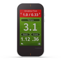 The Garmin Approach G80 Handheld GPS + Launch Monitor by Garmin shows golf swing stats like Amateur Fast, tempo 3.1, back 1.12, and front .36 with red and green backgrounds plus navigation buttons on its display.