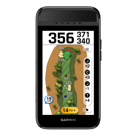 Garmin Approach G82 displaying a colour golf-hole map and distances.