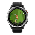 The black Garmin Approach S44 GPS Watch by Garmin shows a color golf hole map with hazard distances (282 and 264 yards), green, trees, and golf ball—ideal for golfers seeking advanced tech on the course.