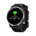 The black Garmin Approach S44 GPS Watch by Garmin displays a golf drive accuracy screen with percentages—left 21%, center 64%, and right 15%—in red and green, highlighting advanced golf technology.