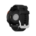 The image shows the back of a black Garmin Approach S44 GPS Watch with a textured silicone band, silver buckle, charging pins, model details, and 43MM marked on the case back.