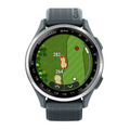 The Garmin Approach S44 GPS Watch by Garmin displays golf course maps with distances to points on the green, markers labeled “264” and “282”, plus a flag and sand bunker—ideal for golf tech enthusiasts.