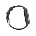 Side view of the Garmin Approach S44 GPS Watch by Garmin, shown in black with a round face, silver bezel, and black silicone strap with metal buckle and two loops, displayed against a white background.
