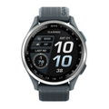 The Garmin Approach S44 GPS Watch by Garmin features a sleek silver bezel, gray band, and round display showing time (10:10), date (Saturday 1st), steps, weather, and fitness stats on a dark screen.