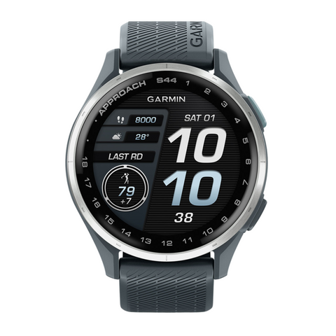 The Garmin Approach S44 GPS Watch by Garmin features a sleek silver bezel, gray band, and round display showing time (10:10), date (Saturday 1st), steps, weather, and fitness stats on a dark screen.