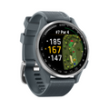 The Garmin Approach S44 GPS Watch by Garmin displays detailed golf course maps, showing yardages of 185, 167, and 147 yards to the green on hole #7 Par 4—a standout piece of golf technology.
