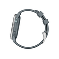 Side view of the Garmin Approach S44 GPS Watch by Garmin, featuring a gray case, round face, and matching gray silicone strap with silver buckle and two loops—ideal for golf enthusiasts seeking advanced GPS tech.