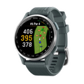 The Garmin Approach S44 GPS Watch by Garmin shows color maps of golf holes with yardages of 406, 395, and 378 yards, offers advanced shot tracking and course layouts—perfect for golfers wanting the latest technology.