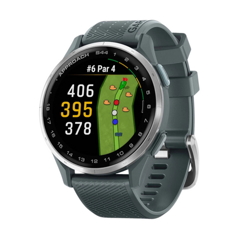 The Garmin Approach S44 GPS Watch by Garmin shows color maps of golf holes with yardages of 406, 395, and 378 yards, offers advanced shot tracking and course layouts—perfect for golfers wanting the latest technology.