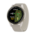 The Garmin Approach S50 GPS Watch by Garmin features a round white face displaying a golf course map with hole #7 Par 4, score +4, and PlaysLike 167, plus a beige woven band and detailed golf graphics for standout style.