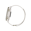 A side view of the Garmin Approach S50 GPS Watch by Garmin, featuring a white case with two buttons and a slim metallic mesh band, displayed against a white background.