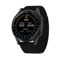 The Garmin Approach S50 GPS Watch by Garmin features a round face with sunrise, sunset, and twilight times, date and time display on a black textured band. Its screen shows yellow, white, and blue digital text.