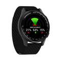 A black Garmin Approach S50 GPS Watch by Garmin with a woven band shows golf drive accuracy—left 21%, center 64%, right 15%—using green, red, and arrow graphics on its display.