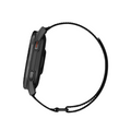 Side view of a black Garmin Approach S50 GPS Watch by Garmin, featuring a round face, textured strap, two side buttons, and sleek design, displayed horizontally on a white background.