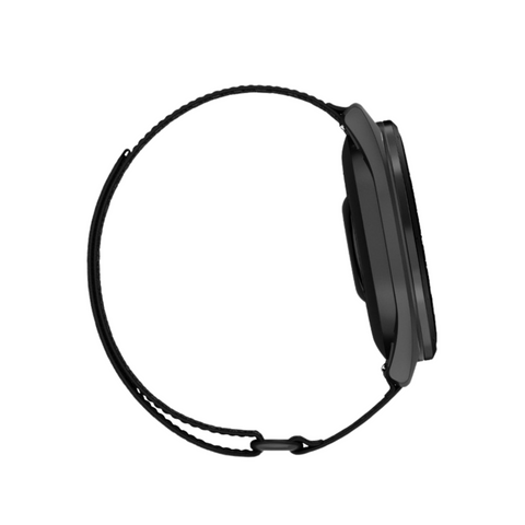 Side view of the Garmin Approach S50 GPS Watch by Garmin, featuring a round face and black wristband, shown against a white background.