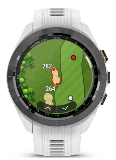 Garmin Approach S70 42mm Powder Grey showing golf hazards