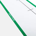 Close-up of the GloPro Fire Fly Portable Stroke Reader by GloPro—a white rectangular board with a green border and black putting alignment markings, designed for portable use and real-time feedback.
