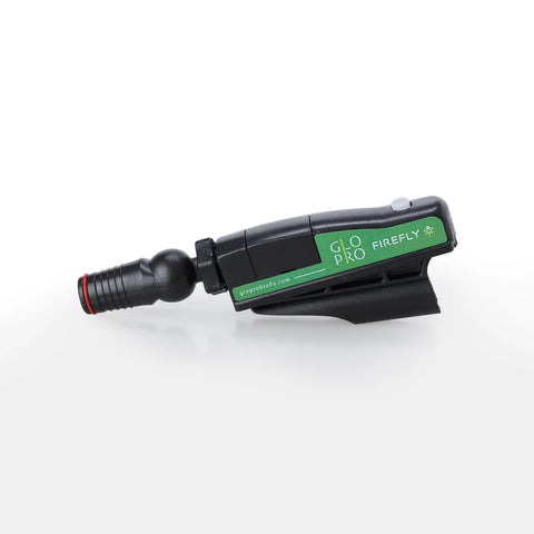 The GloPro Fire Fly Portable Stroke Reader by GloPro, shown in black and green with a nozzle attachment on a white surface, is designed for putting alignment and provides real-time feedback.