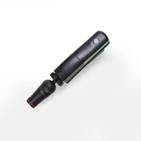 The GloPro Fire Fly Portable Stroke Reader by GloPro is shown on a white background. It features a black cylindrical body with an angled nozzle, red ring at the tip, side button, green detailing, and offers real-time putting alignment feedback.