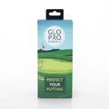 The GloPro Fire Fly Portable Stroke Reader box displays the GloPro logo, a golf green with a flag, and PERFECT YOUR PUTTING, showcasing real-time feedback to help improve your putting alignment.