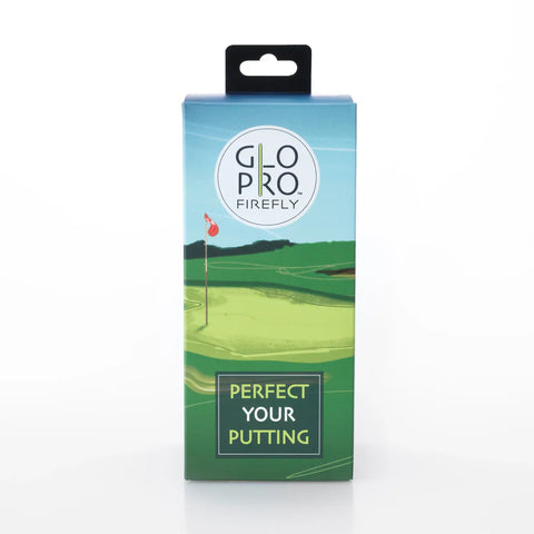 The GloPro Fire Fly Portable Stroke Reader box displays the GloPro logo, a golf green with a flag, and PERFECT YOUR PUTTING, showcasing real-time feedback to help improve your putting alignment.