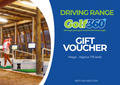 A golfer swings at the indoor Driving Range, enhanced by Ball Tracking tech. The image advertises a golf360nz Golf 360 Driving Range Gift Voucher for about 175 balls, with branding and text on a blue background.