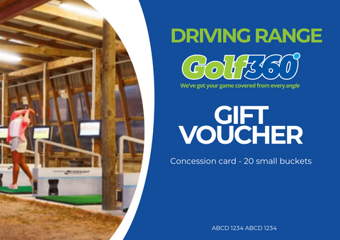 A promotional image for the Golf 360 Driving Range Gift Voucher by golf360nz features a woman swinging a club and text offering a concession card for 20 small buckets with advanced Ball Tracking technology.
