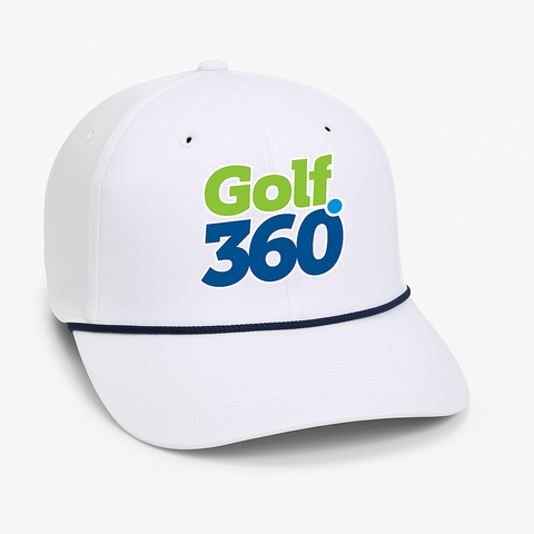 The Imperial Sports Golf 360 Logo Cap is a white cap with a navy trim, featuring "Golf 360" in green and blue lettering on the front—ideal for any NZ golf store collection.