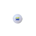 The Wilson Golf 360 Logo Duo Soft Golf Ball is white with a dimpled texture and features the Golf 360 logo in green and blue, shown on a plain white background.