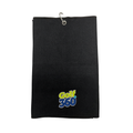 The Sporte Leisure Golf 360 Waffle Golf Towel is a black, fast-drying towel with a metal hook and the embroidered Golf 360 logo in yellow, blue, and white near the bottom center—combining style and function.