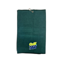 The Sporte Leisure Golf 360 Waffle Golf Towel is dark green with a metal grommet and hook, and features the Golf 360 logo in yellow, white, and blue at the bottom center. The background is white.