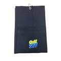 The Sporte Leisure Golf 360 Waffle Golf Towel is black with a textured pattern, metal grommet and hook, and features a blue, green, and white embroidered Golf 360 logo at the bottom. Fast-drying, it’s stylish and functional.