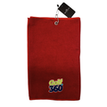 The Sporte Leisure Golf 360 Waffle Golf Towel is a red, textured towel with "Golf 360" in colorful embroidery at the bottom, a black tag, and a metal hook for easy attachment to your golf bag. Fast-drying and practical.