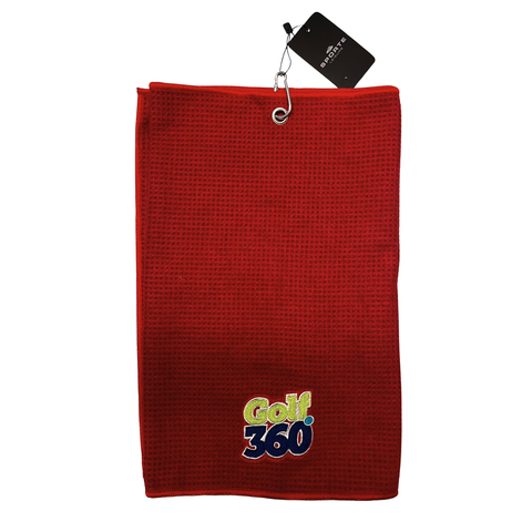 The Sporte Leisure Golf 360 Waffle Golf Towel is a red, textured towel with "Golf 360" in colorful embroidery at the bottom, a black tag, and a metal hook for easy attachment to your golf bag. Fast-drying and practical.