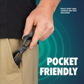 A hand places the compact black Golf-Grip Training Aid by Golf-Grip into tan chinos. Text says POCKET FRIENDLY and states, POLO SHIRT AND CHINOS NOT INCLUDED. The background is blue with circular graphics.