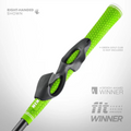 A black Golf-Grip Training Aid by Golf-Grip is shown on a green golf club grip, with text for right-handed use and design award badges. Green golf club not included—perfect for improving your golf swing and technique.